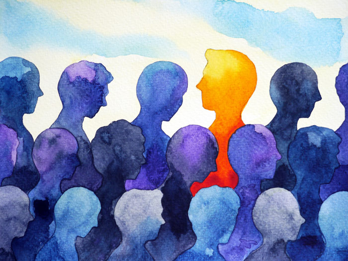 watercolor painting of blue crowd of people with orange person in the middle - group therapy