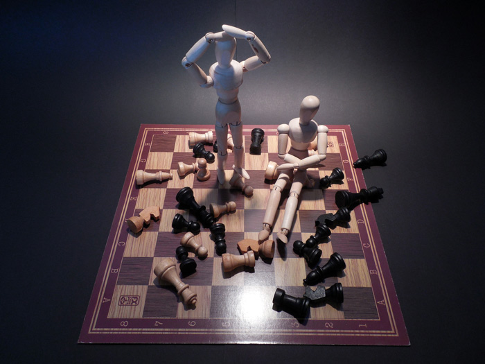 Personalities, Personality in rehab, wooden figurines on chess board - rehab