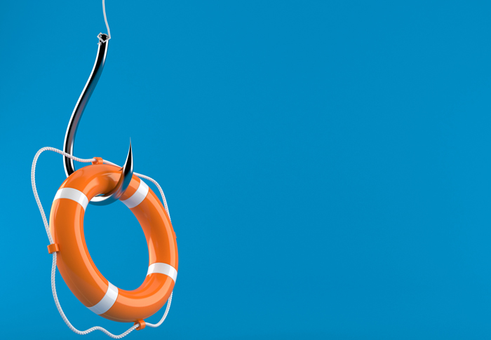orange life buoy on a fish hook - blue background - MAT