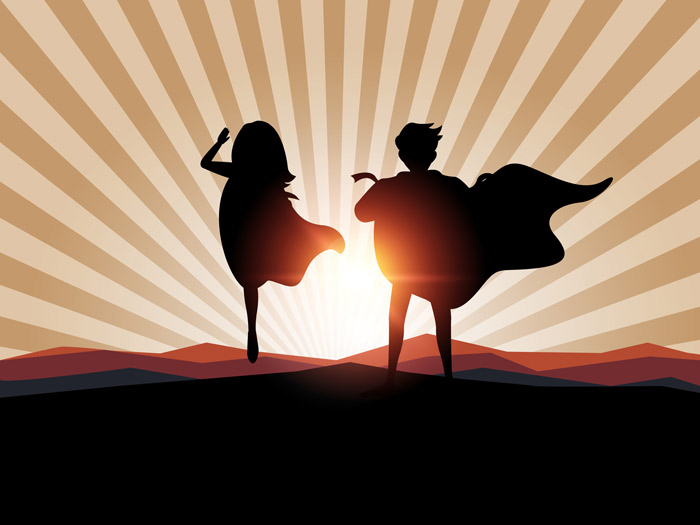 digital illustration - silhouettes of man and woman in capes against sunrise background - cartoon style - personal heroes